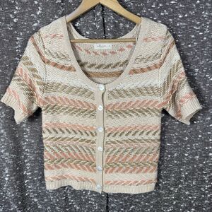 Molly Green‎ Boutique Beige and Pink Crochet Short Sleeve Blouse Top Women's M